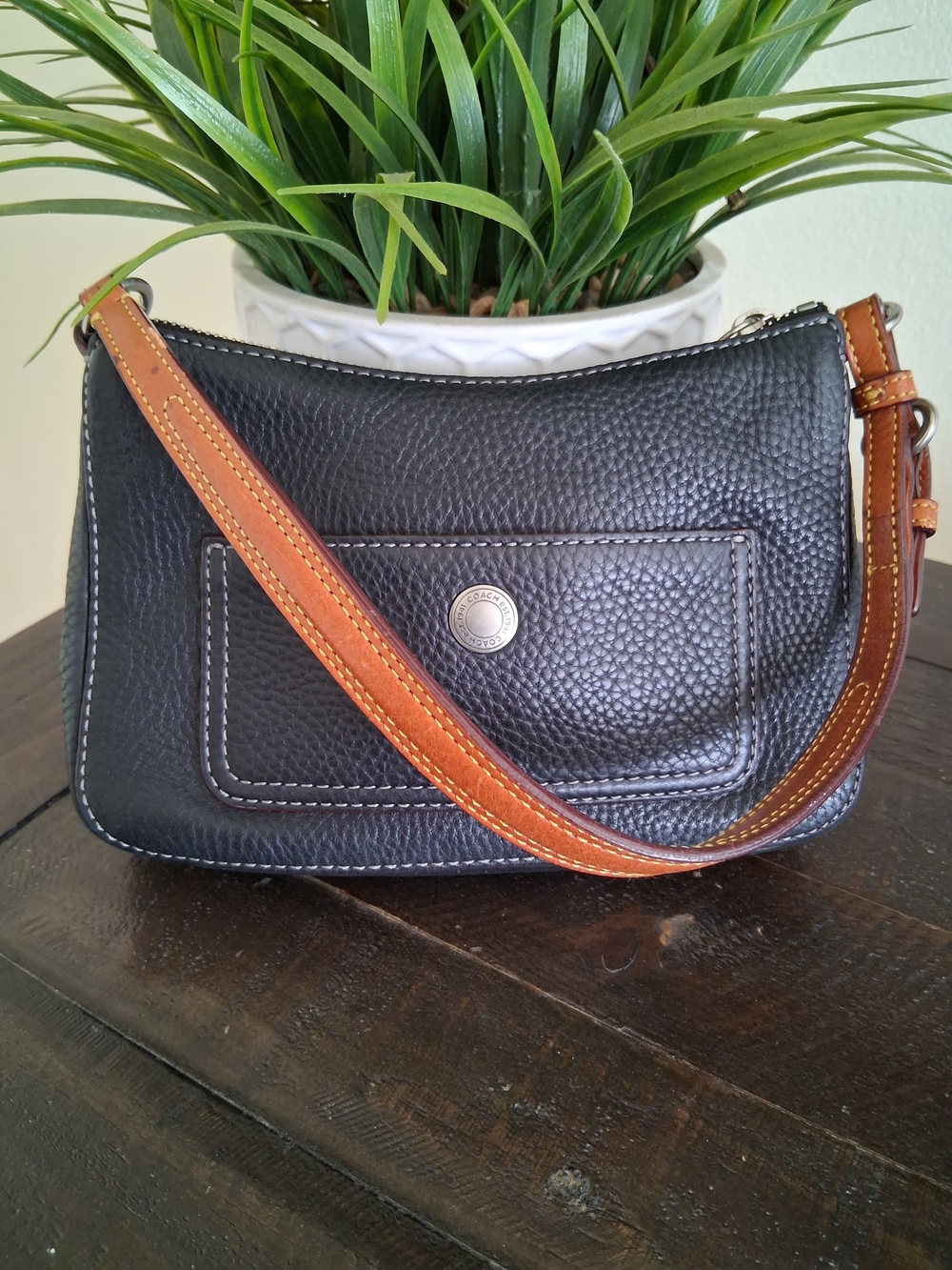 Coach  Black Pebbled Leather Crossbody with Brown Strap